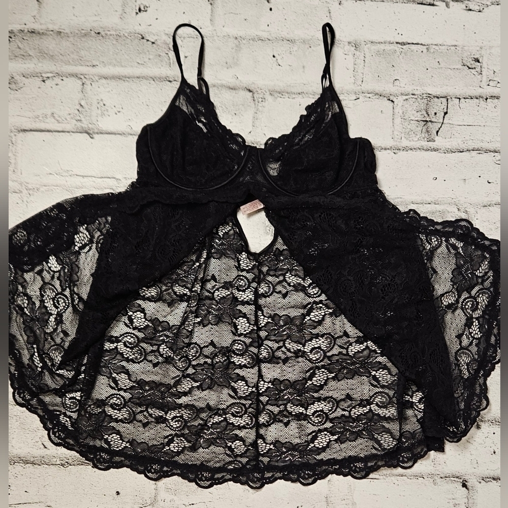 La Vie En Rose Black Lace Babydoll Chemise Womens Large Sheer Mesh - Picture 6 of 14